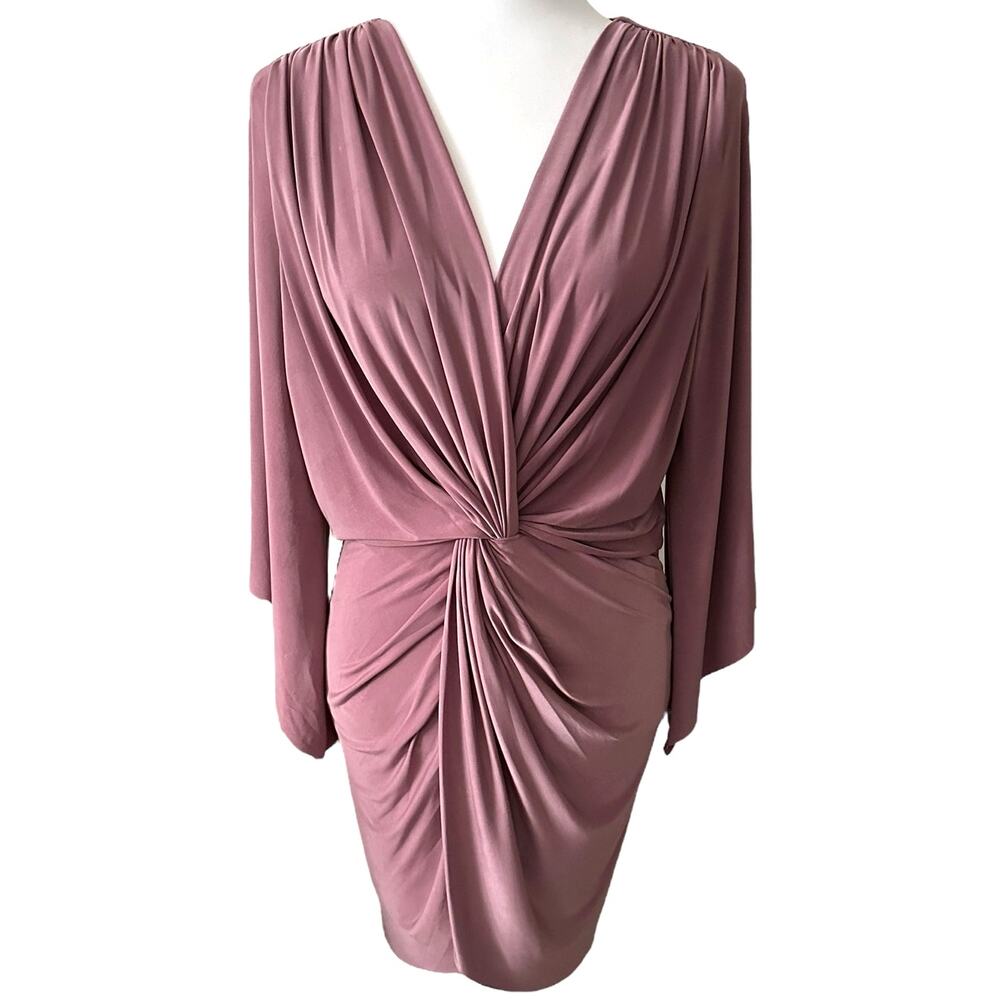 NWT MISA Los Angeles Dress Draped Knotted Front Mauve V-Neck 3/4 Sleeve Size S